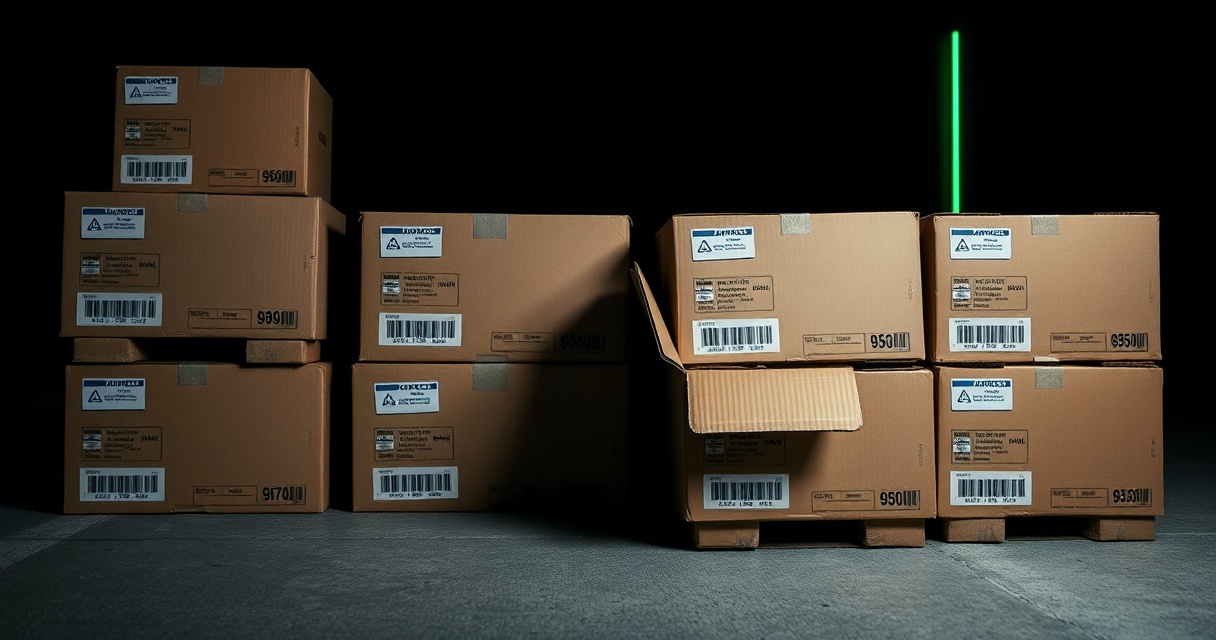 Cajas de envío internacional desde China apiladas en un almacén
