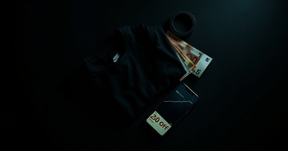 Ropa doblada junto a billetes de euro y un móvil con una gráfica ascendente