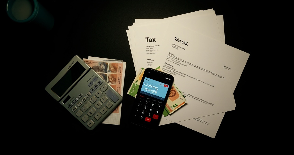 Documentos fiscales, calculadora y móvil con app de reventa sobre una mesa