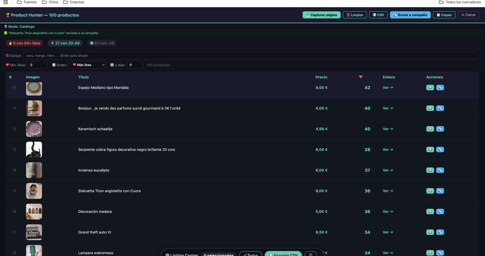 Product Hunter filtrando productos por likes y precio